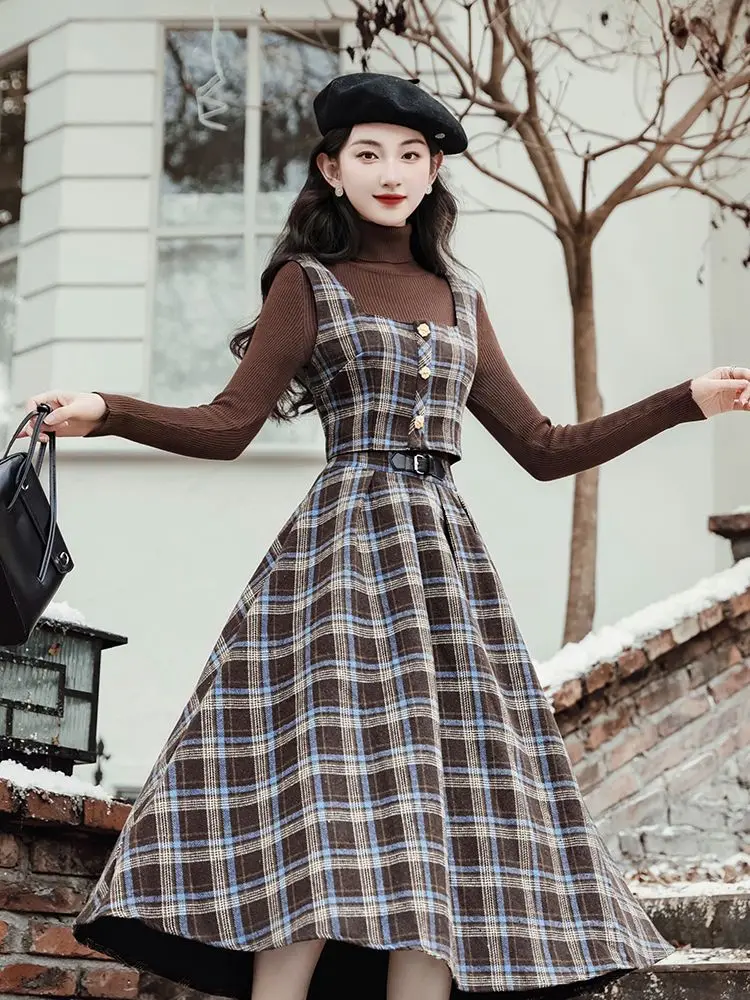 

Retro Elegant Plaid Three Piece Skirt Set Women Spring Autumn Long Sleeve Sweater and Long Skirts Korean Fashion Outfits
