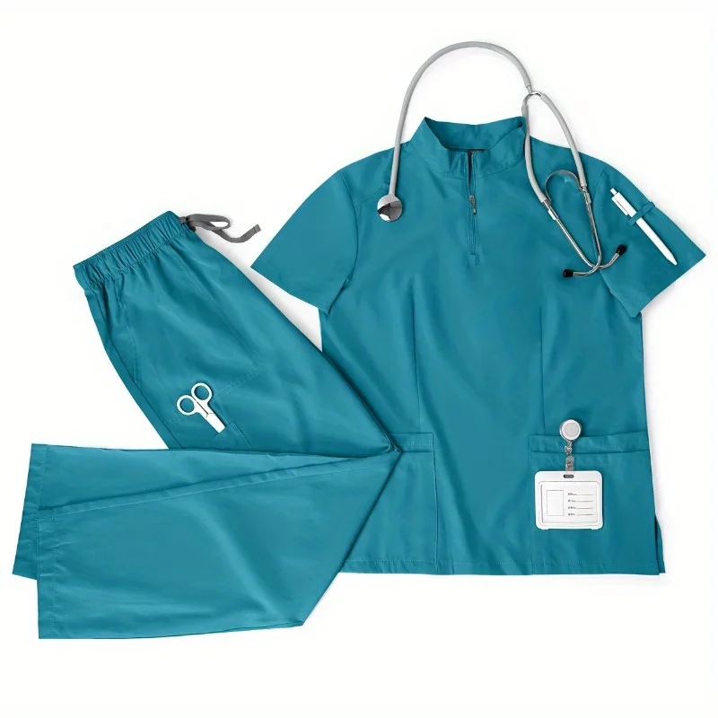 Men’s New 2-Piece Beauty Salon Work Uniform – Jogging Set Style with Zipper Stand Collar Scrub Top + Classic/Yoga Jogger Pants