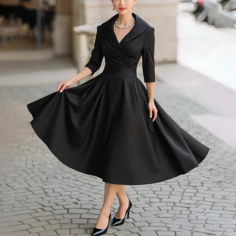 Vestido Largo V-neck Long-sleeved Hem Elegant Dress Womens Waist Slim Fit Commuting Formal Dress Vestido De Noche Elegante Mujer