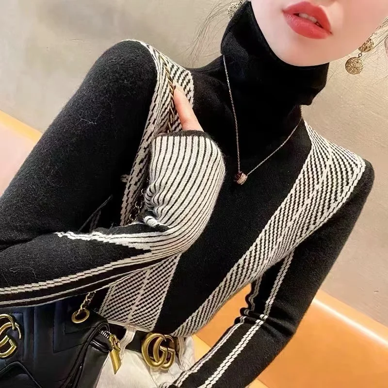 2024 Autumn Winter Fashion Striped Slim Sweaters Women Clothing Vintage All-match Long Sleeve Turtleneck Pullovers Chic Knit Top