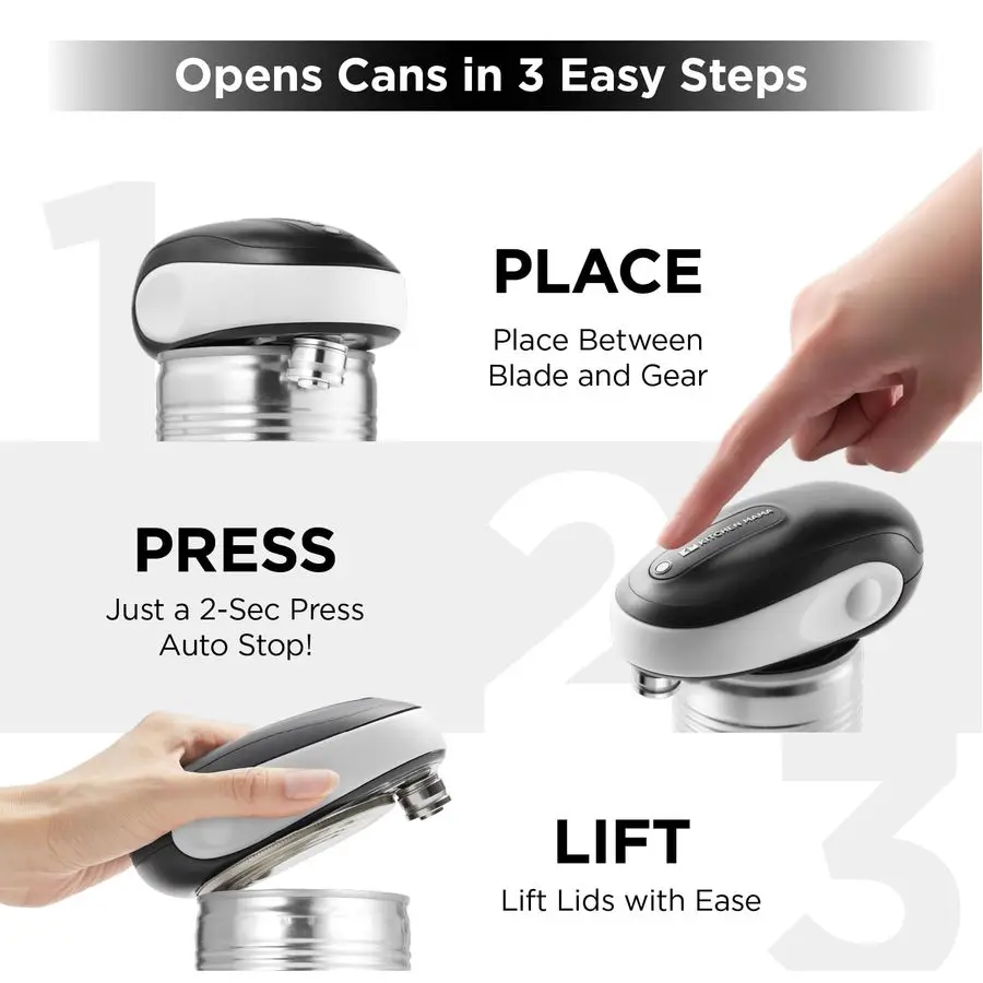OneToGo Electric Can Opener One Touch, Auto Stop, Smooth Edge, Lid Lift, Safety, Automatic, Magnetic, Cordless, Battery Operated