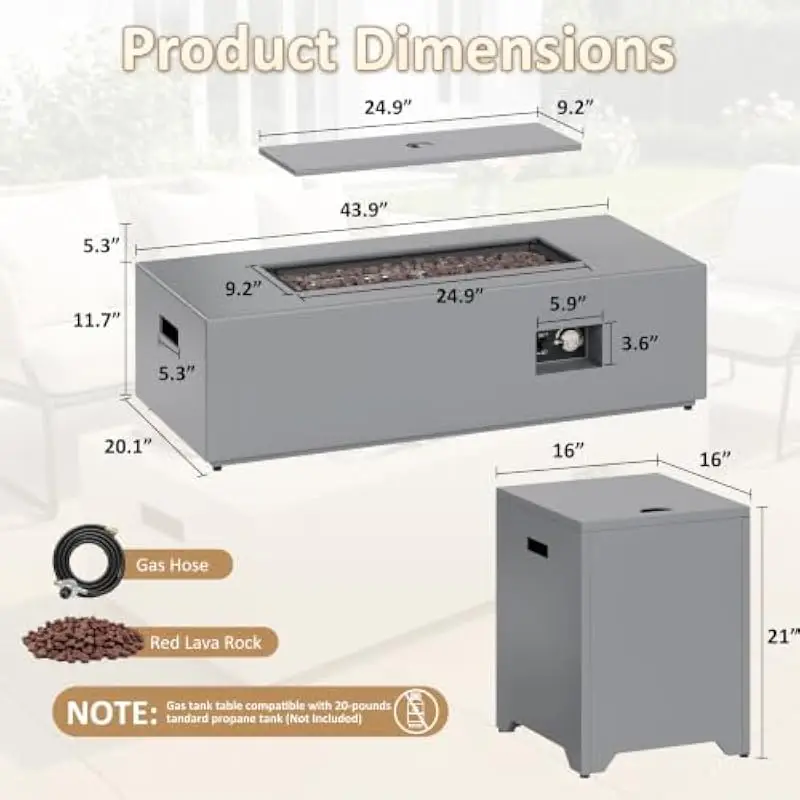 43.9 inch rectangular modern fire table with 50000 BTU H-burner stainless steel construction smokeless flame auto ignition adjus