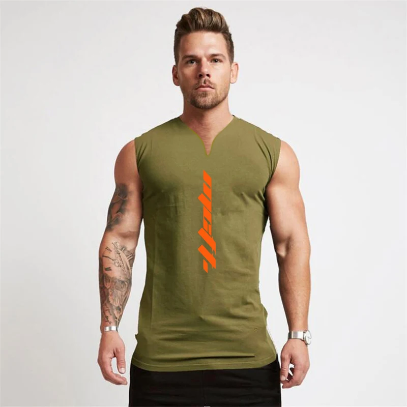 Summer Sleeveless Cotton Breathable T-shirts Mens Jogging Casual V-neck Sport Tank Tops Gym Workout Fitness Bodybuilding Vests