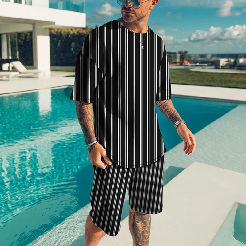 Summer men\'s new two-piece beach short sleeved shorts casual black and white checkered print simple and fashionable outdoor men\'