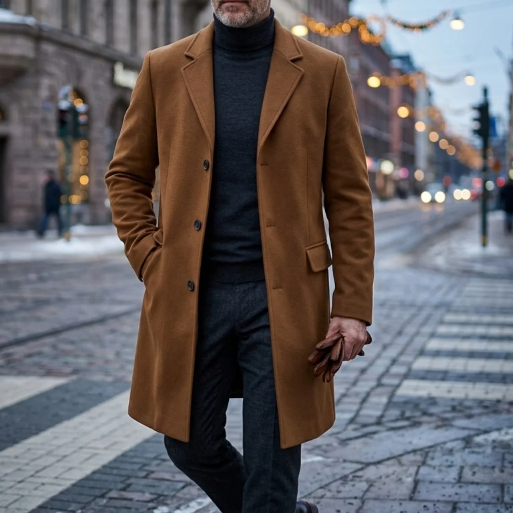 

Men's Winter Trench Coat Business Casual Single Breasted Suit Coat Street Mature Men's Extended Trench Coat Wool Blend Coat Man