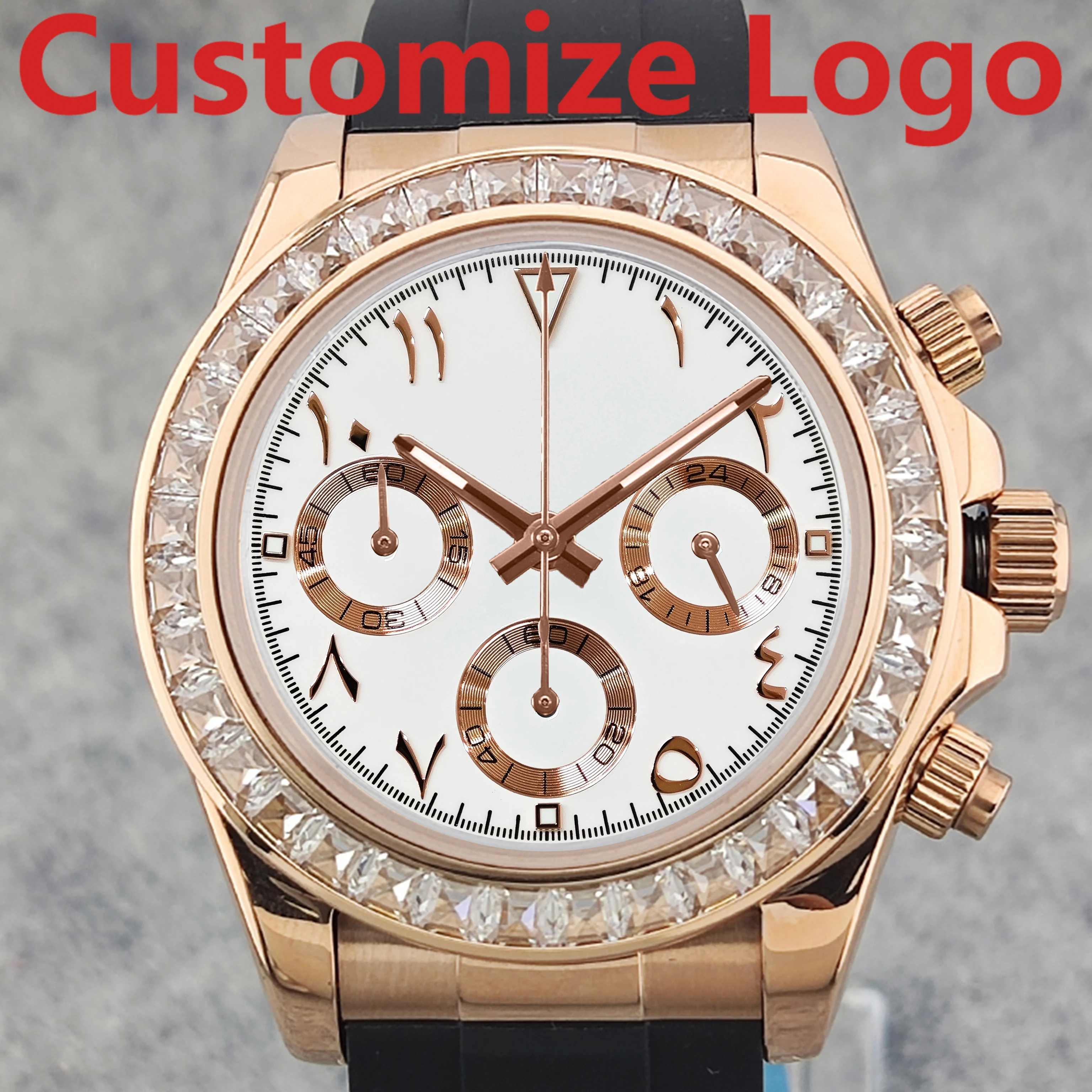 OUMASHI 42mm Diamond bezel Arabic Index Men's Chronograph Watch VK63 Quartz Movement Luminous Sapphire Glass Waterproof