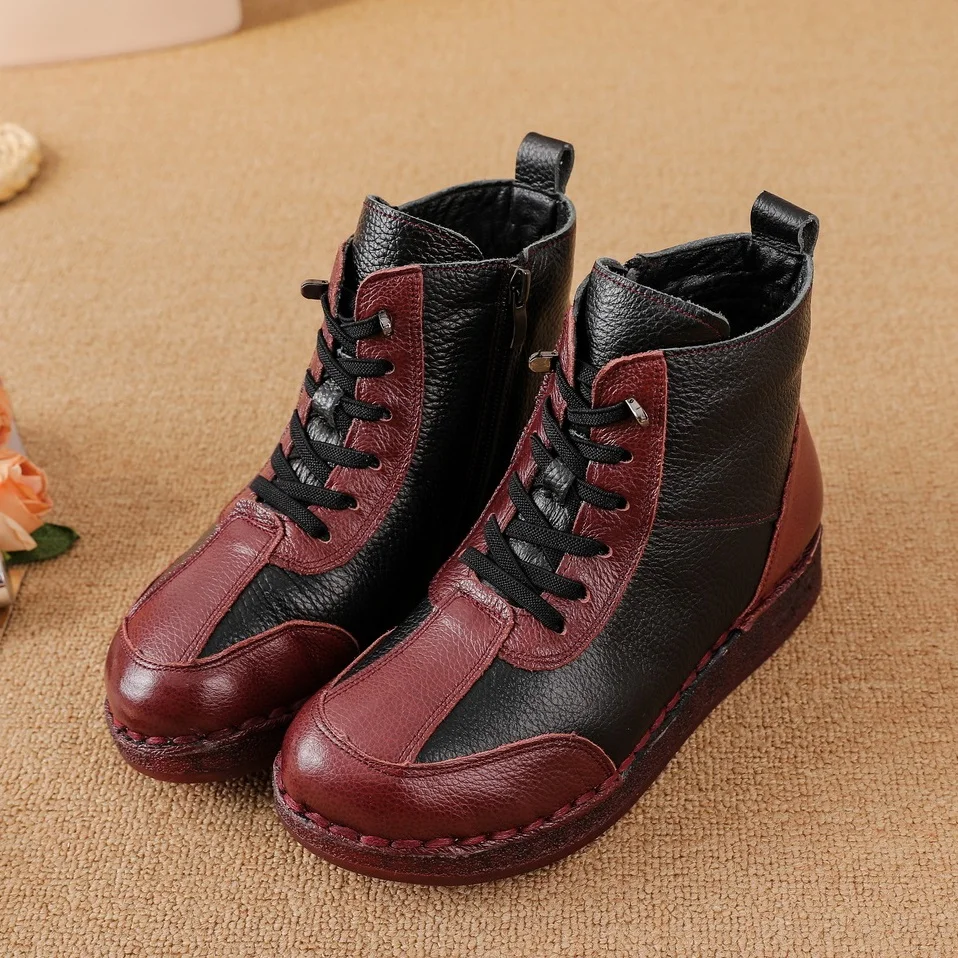 

New genuine leather short boots women's winter plush shoes waterproof flat booties woman lace up ankle boot lady furry snow shoe