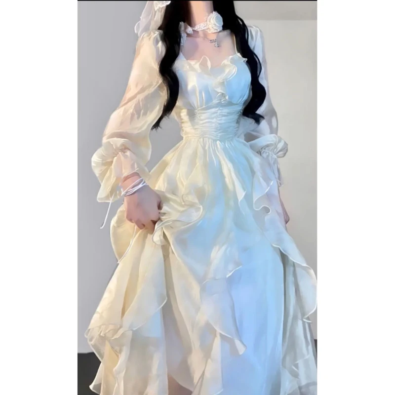 Women\'s Spring Dress French Style Ruffles Square Collar Solid Color A-Line Mid-Length Petal Sleeve Elegant Fairy Dresses