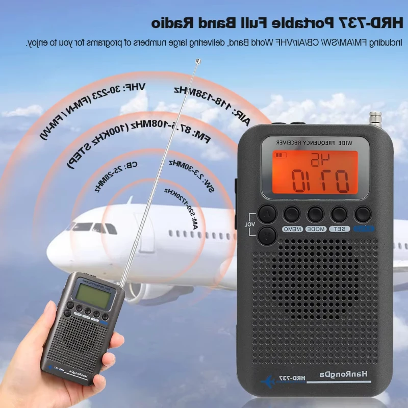 HanRongDa HRD-737 Portable Full Band Radio Aircraft Band Receiver FM/AM/SW/ CB/Air/VHF World Band with LCD Display Alarm Clock B