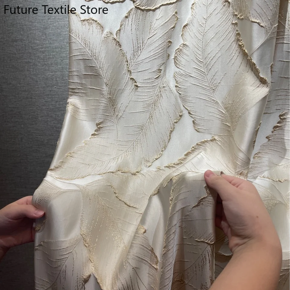 New High-precision Embossed Gold Thread Jacquard Beige Leaf Three-dimensional Curtain Curtains for Living Dining Room Bedroom