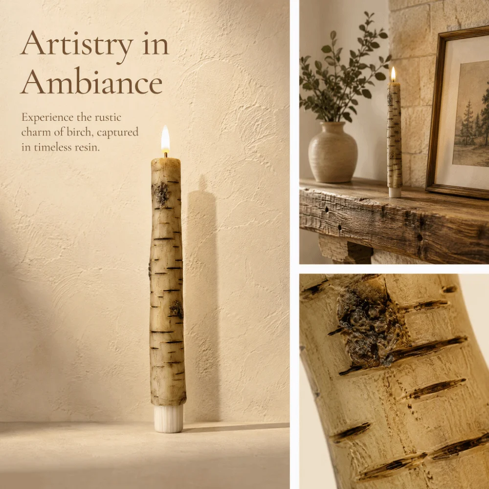 Soft Light LED Flameless Candles Birch Wood Texture Flame Simulation Electronic Candles Flameless Design LED Light