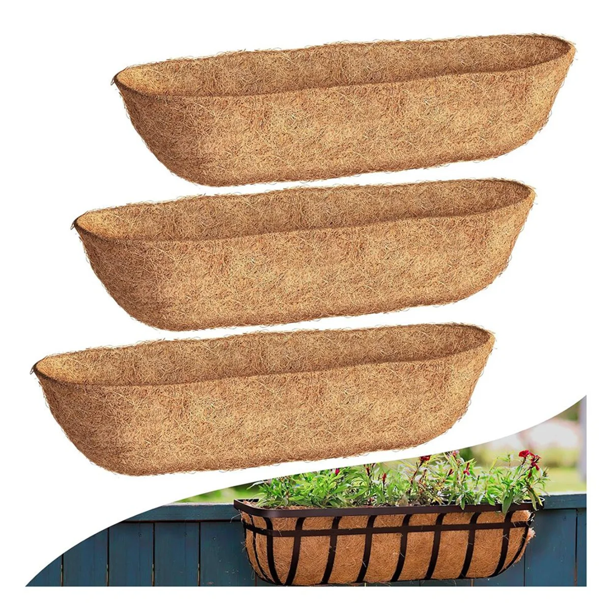 30 Inch 3 Pack Trough Liners, Coconut Coir Fiber for Wall Basket Planters, Window Box Liners, Garden Planter Baskets