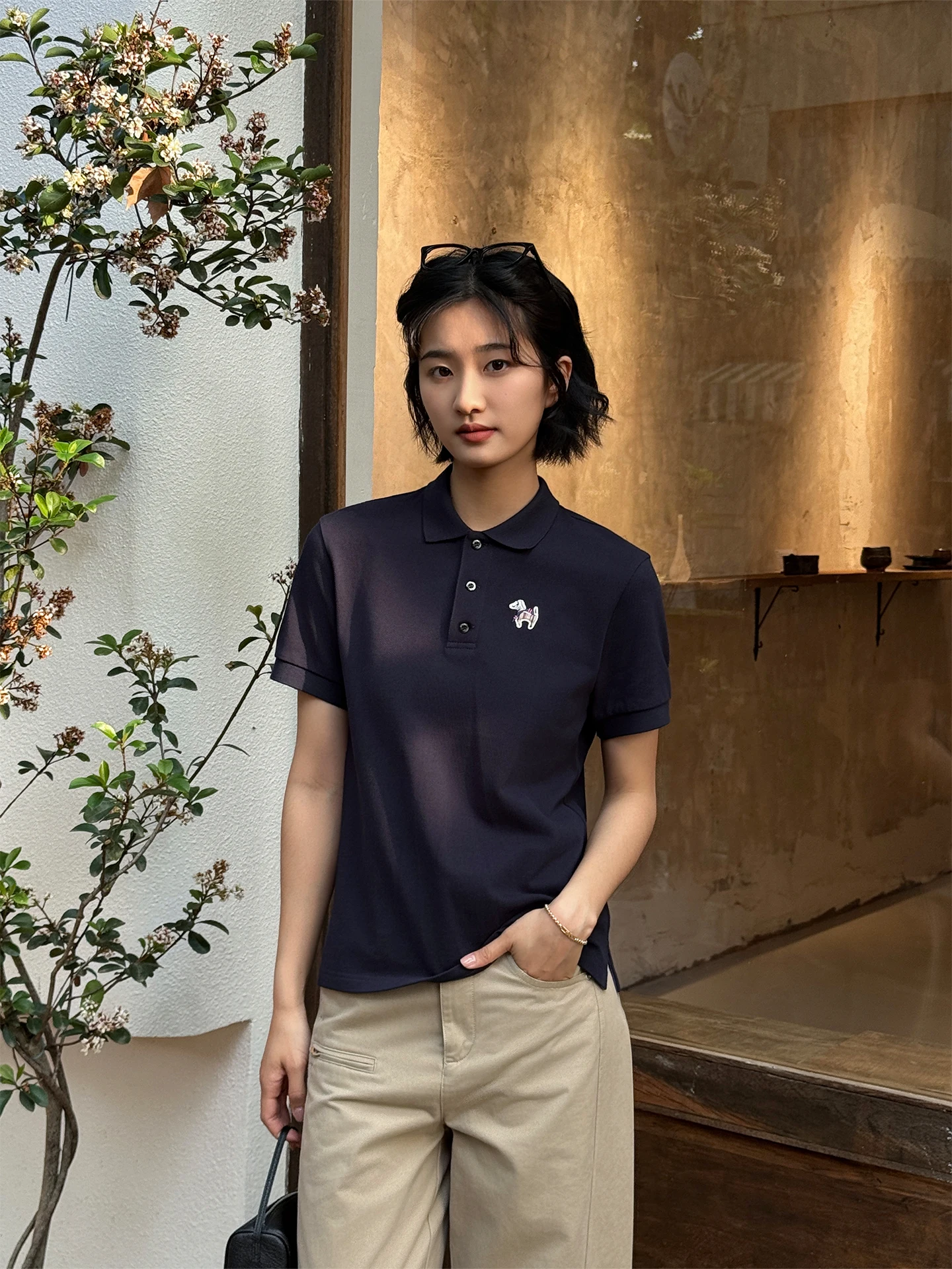 

Zhou Xiaoya Summer New Arrival Minimalist Style Shirt Women's Casual Commute Embroidery Dog Pattern Cotton Polyester Blend