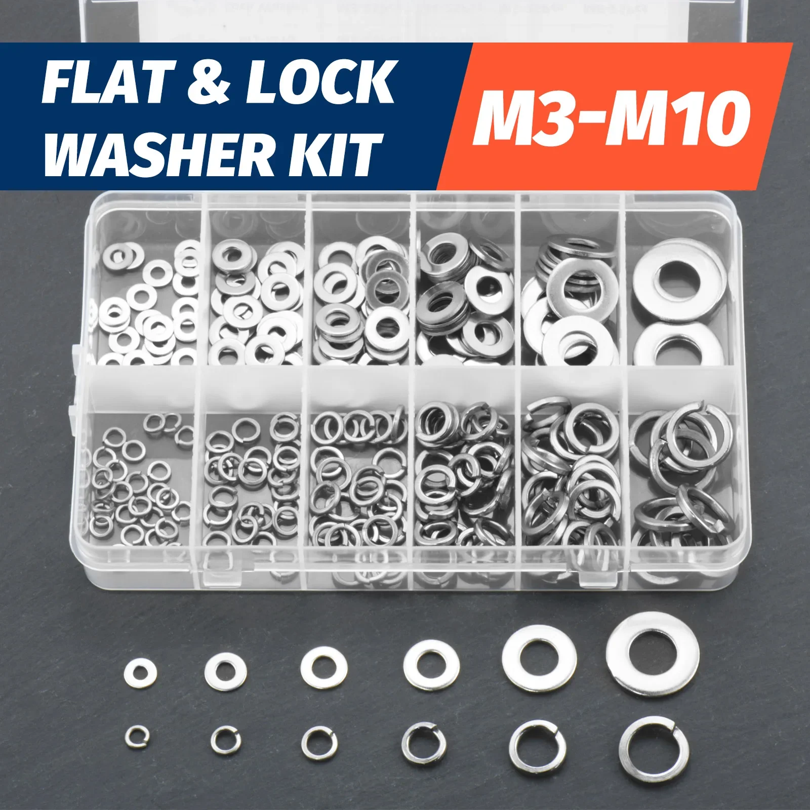 kkjoy 260PCS Stainless Steel Washer Kit – M3-M10 Lock & Flat Washers Set, Spring Lock & Flat Nut Washer Assortment