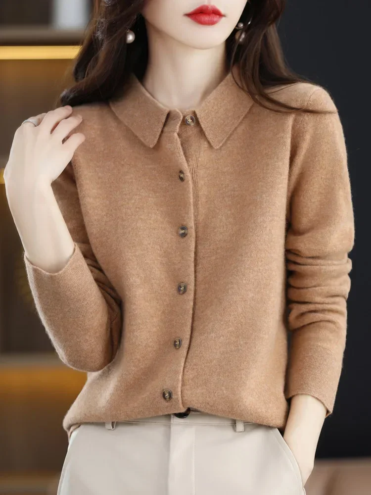 Fashion 100% Merino Wool Woman Sweater High Quality Long Sleeve Cardigan Polo-Collar Winter Clothing Knitwear Tops E1592