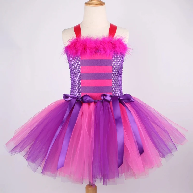 Cartoon Magic Striped Cheshire Cat Tutu Dress Set Girls Halloween Carnival Party Dress New Hot Purple Cat Kids Wonderland Outfit view 3
