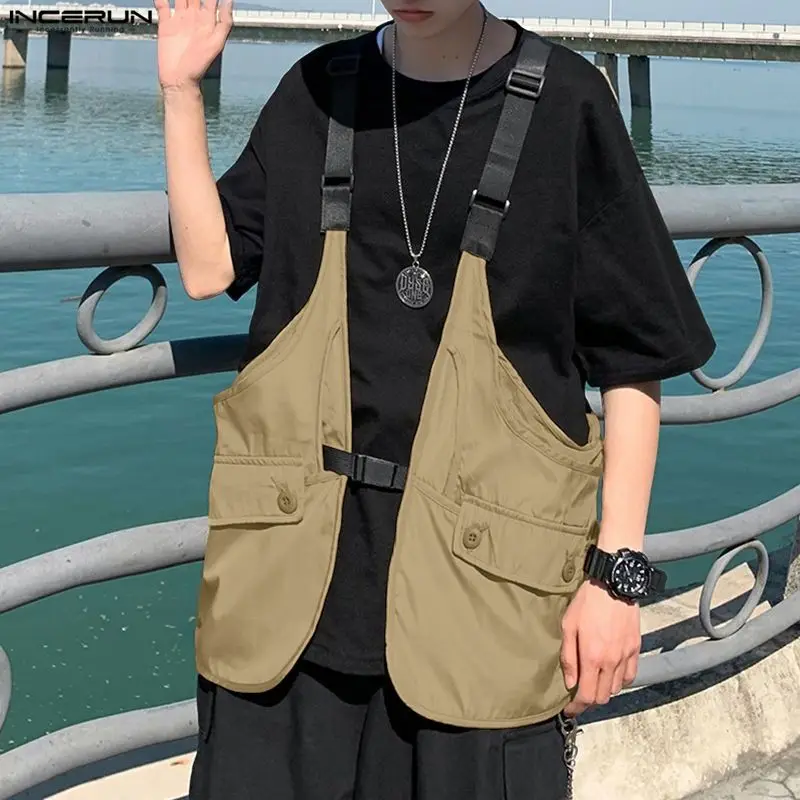 

INCERUN мужские жилеты в стиле пэчворк без рукавов повседневные жилеты на бретелях мужские уличные жилеты с карманами в корейском стиле модные повседневные мужские жилеты