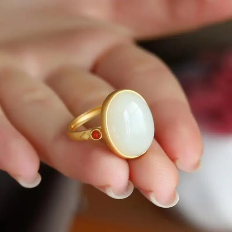 New Silver Inlaid Hetian Chalcedony Egg Face Big Ring Temperament Neutral Men And Women Models Opening Adjustable Brand Jewelry