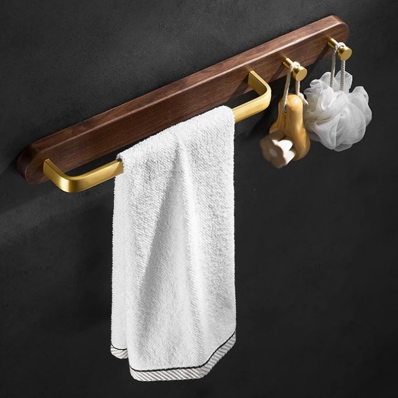 Golden Space Aluminum Towel Rack with Hooks, Bathroom Solid Wood Rack, Toilet Towel Bar, Kitchen Rack, No Drilling Required