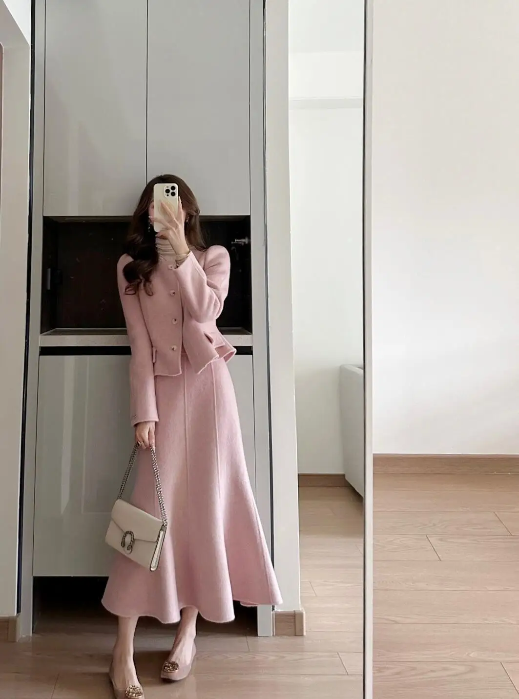 Temperament frauen Set Herbst/Winter Neue Stil Kleine Duftende Rosa Abnehmen Top Halb Rock Zwei Stück Set