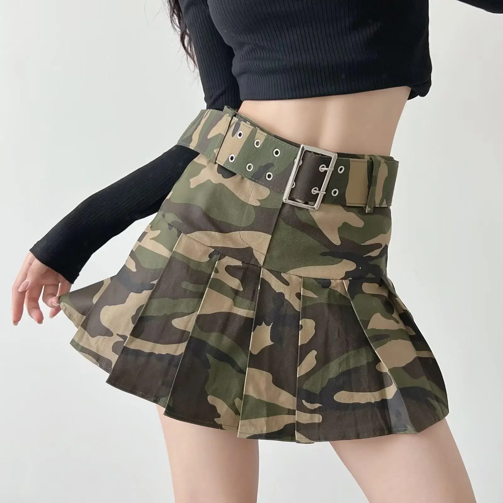 

Camouflage anti glare pleated work dress for women with belt, spicy girl A-line skirt, mini ultra short plaid skirt