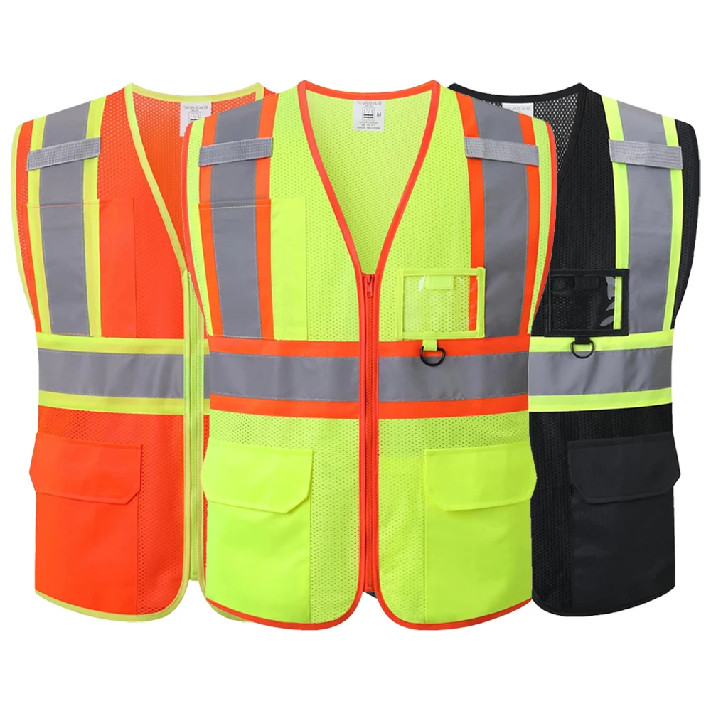 Fluorescent Mesh Vest with Multiple Pockets and Front Zipper Hi Vis Construction Workwear Vest Uniforms for Men Women
