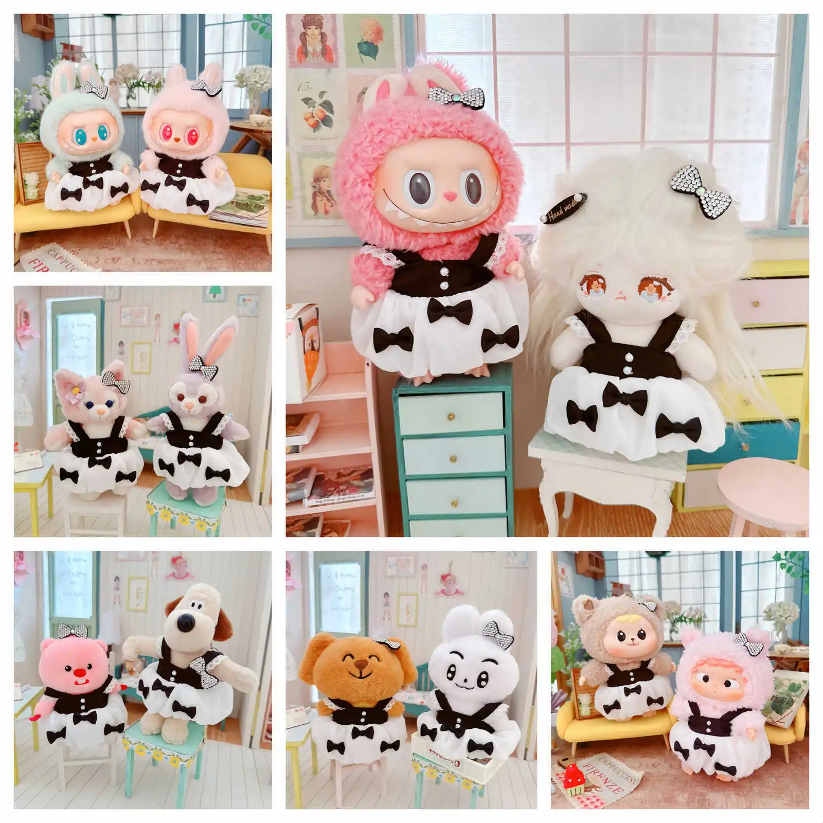 Simpatici vestiti per bambole Mini Idol per ragazze, principessa morbida Kawaii, tuta con fiocco bianco nero, accessori per bambole in peluche, giochi che cambiano, 10cm