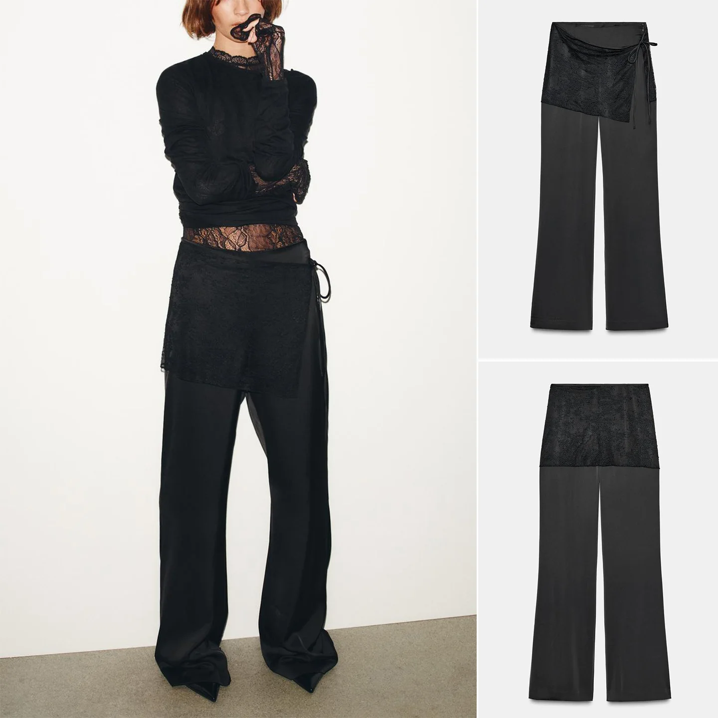 خريف شتاء جديد وصول المرأة عادية Sle الحرير الساتان يشعر الدانتيل التفاف وشاح السراويل الطويلة مستقيم الساق l الخصر بوليست... #1