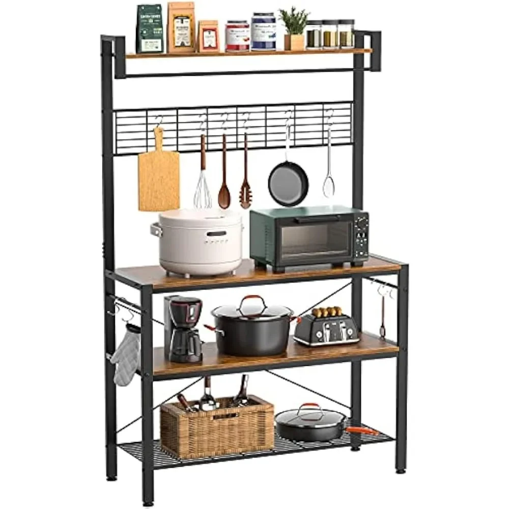 Bakers Rack for Kitchen with Storage, 4-Tier Microwave Oven Stand, Coffee Bar Station with 10 Hooks, Large Kitchen Storage