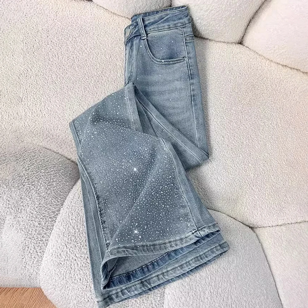 

Women Light Blue Slim Denim Pants Trendy Sparkly Diamond Flared Jeans Lady Rhinestone High Waist Skinny Bell Bottom Pants