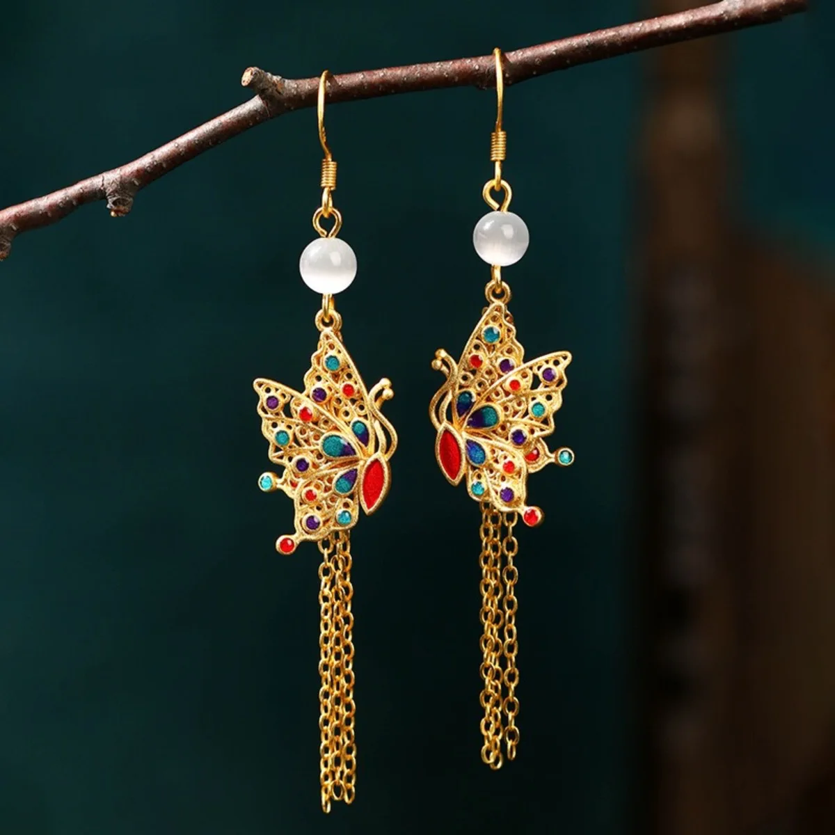 Ethnic Chinese Butterfly Earrings for Women Hollow Design Ancient Palace Style Enamel Luxury Jewelry Creative Long Tassel Gifts image 4