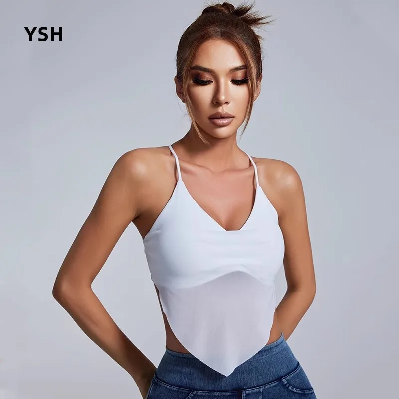 YUSHUHUA Mesh Splicing Yoga Vest Thin Strap Cross Back Sports Tank Tops For Women Gym Fitness Breathable Sexy Dance Camisole