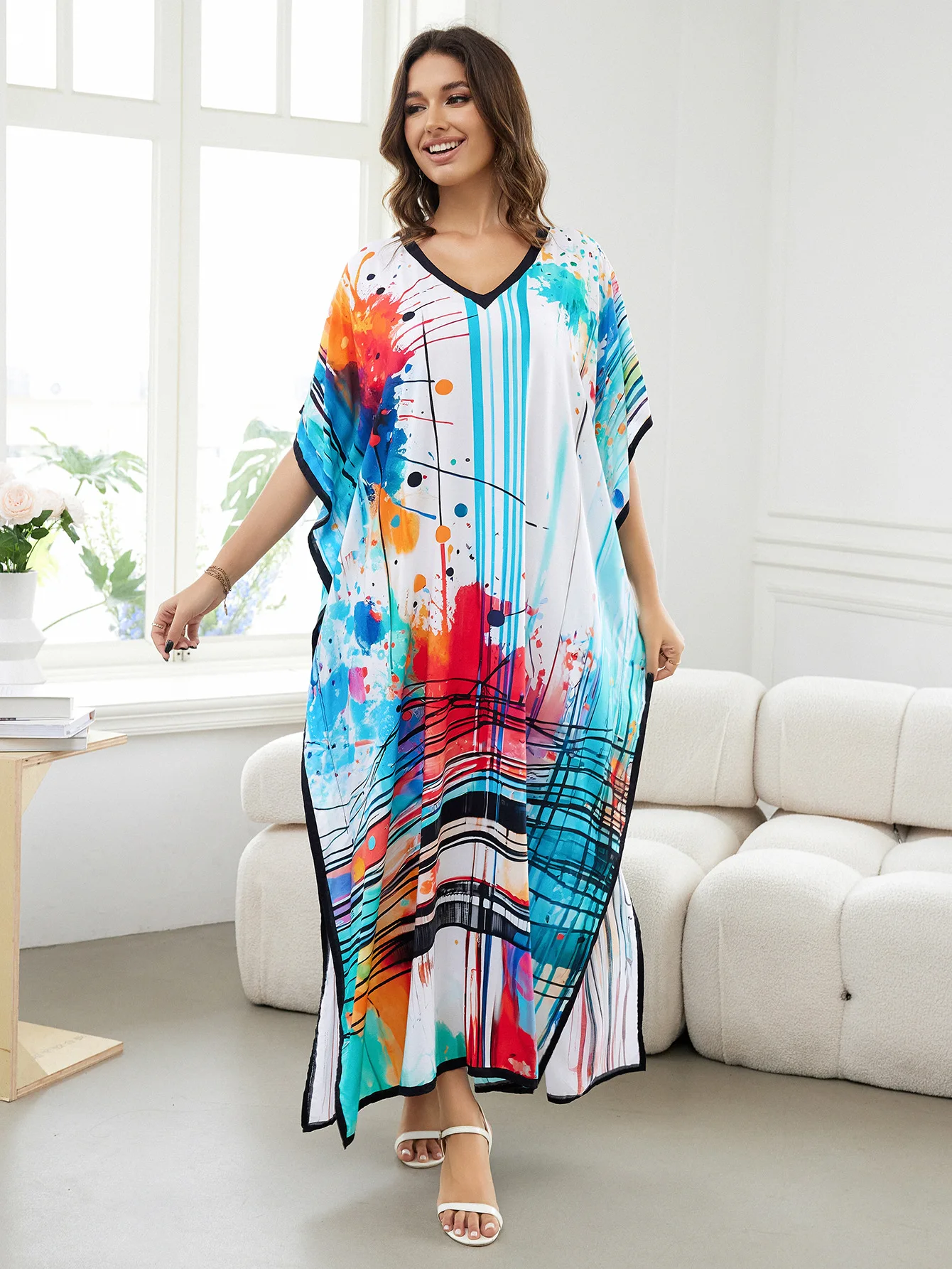 Caftán estampado con estilo de tinta para mujer, vestidos Maxi bohemios para playa, trajes de baño, suministro de fábrica, envío directo