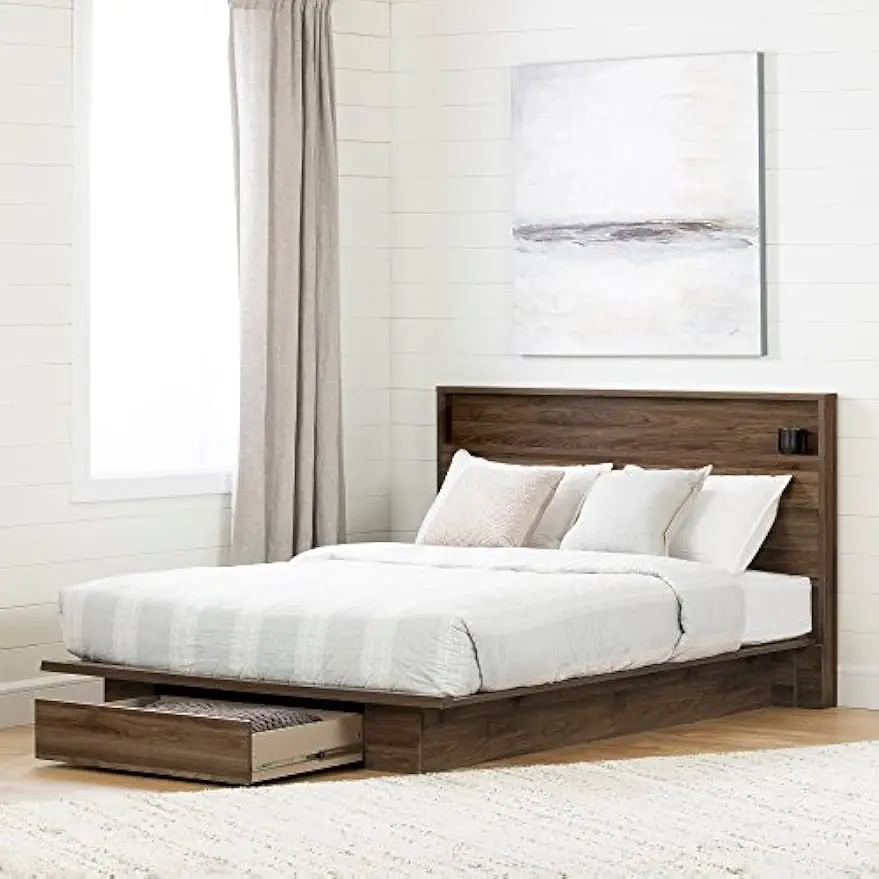 Tao Platform Bed with Drawer Full/Queen Natural Walnut Accommodates Two Twin-size Mattresses (not Included)