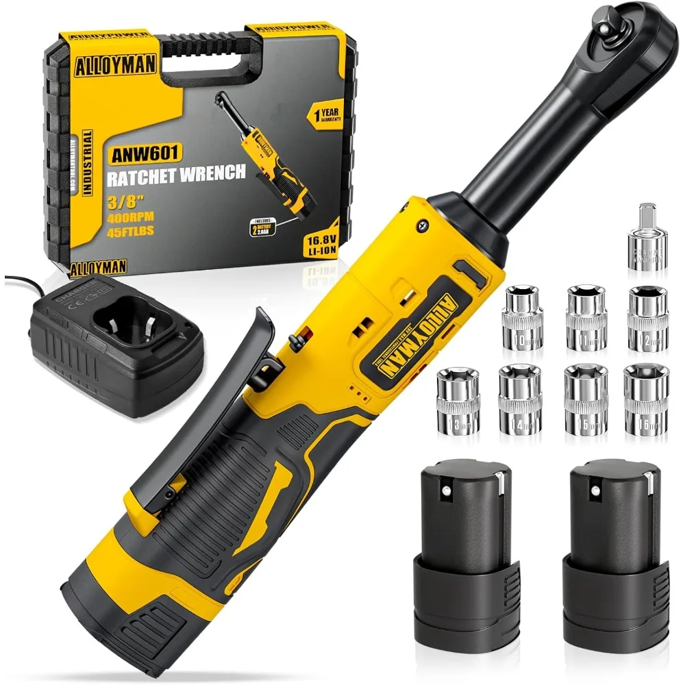 

16.8V 2.0Ah Li-Ion Cordless Ratchet Wrench Kit, Yellow, 400 RPM, 7 Sockets, 1/4 Inch Adapter, 1 Hour Fast Charge