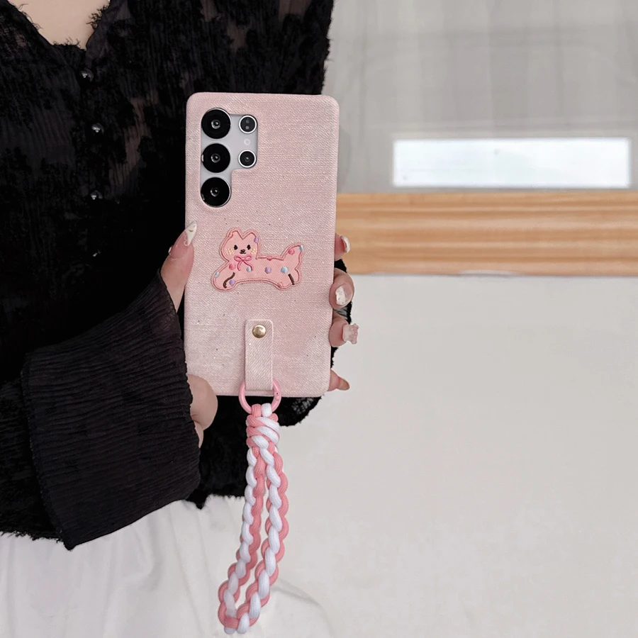 Cartoon DIY Dog Denim Jeans Phone Case for Samsung S25 S24 S23 Ultra Anti-scratch Cover iPhone 17 Air 16 15 14 13 12 11 Pro Max