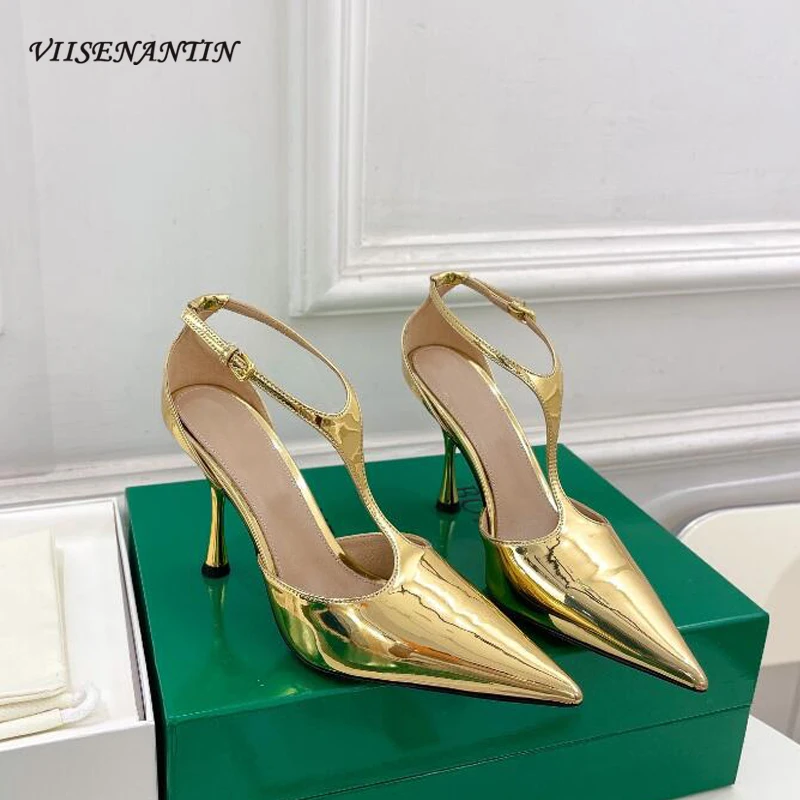 

Gold Thin Heel Single Pumps Shoes High Heeled Sexy Wedding Party T-strap Pointed Toe Amazing Elgant Women Heels Shoe