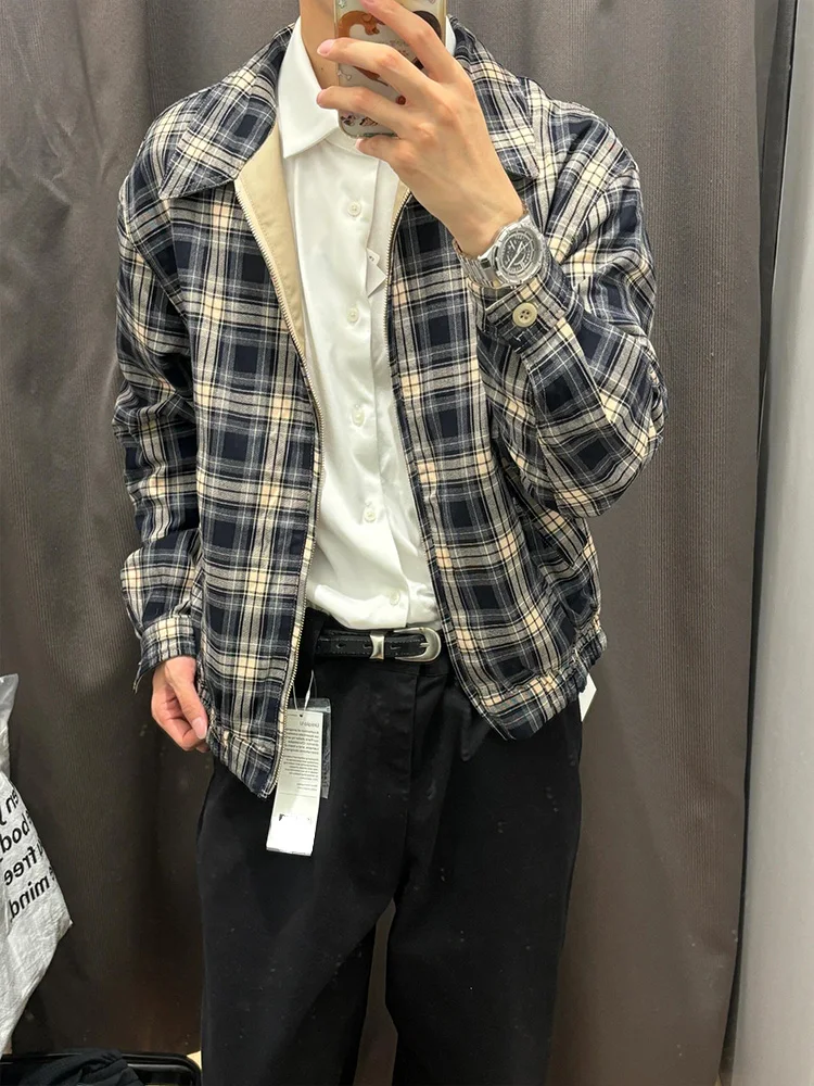 

Двусторонняя одежда цвета хаки, клетчатая куртка-пилот, мужская весенне-осенняя модная верхняя одежда высокого класса с воротником-стойкой