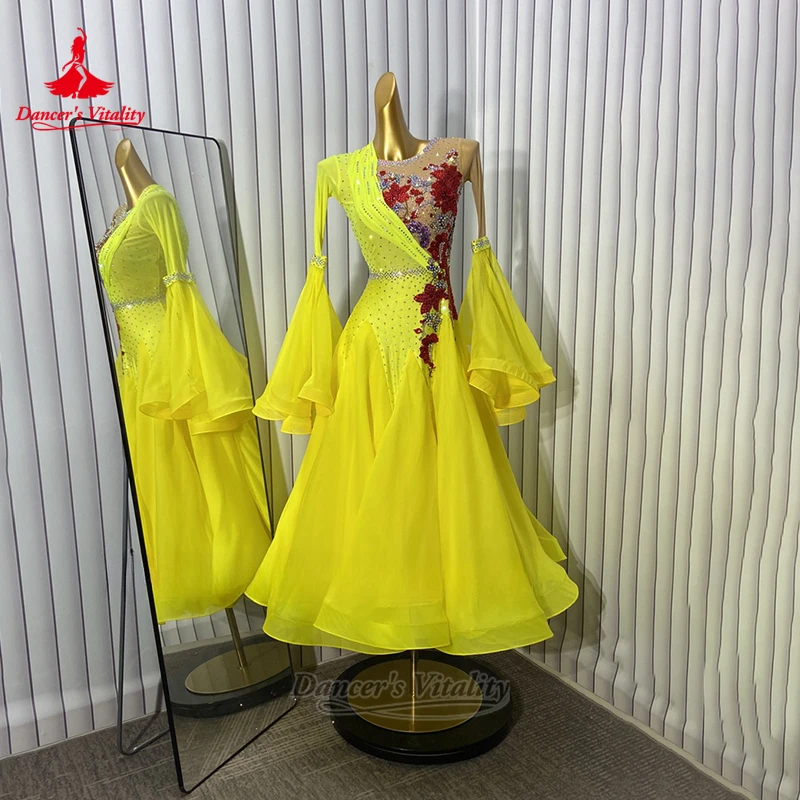 Women Ballroom Dance Long Sleeve Flower Pattern Yellow Big Swing Dresses Customize Dancer's Vitality Adult Waltz Perform Costume