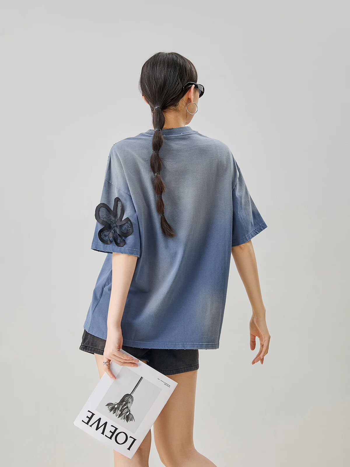 블루 아디언트 플로럴 오르트 스웨 티셔츠 여성용 아름다운 여름 상의 구리 출퇴근 스타일 한국 버전 폴리에스터 섬유