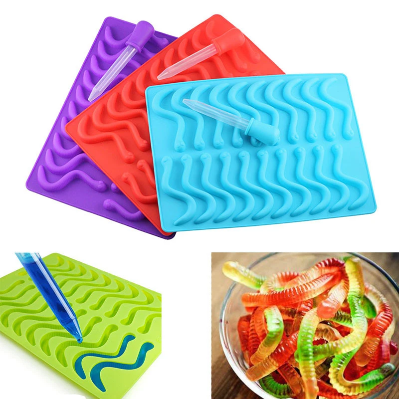 20 Holes DIY Silicone Gummy Snake Worms Chocolate Mold Sugar Candy Jelly Molds Ice Tube Tray Mold Cake Decorating Tools