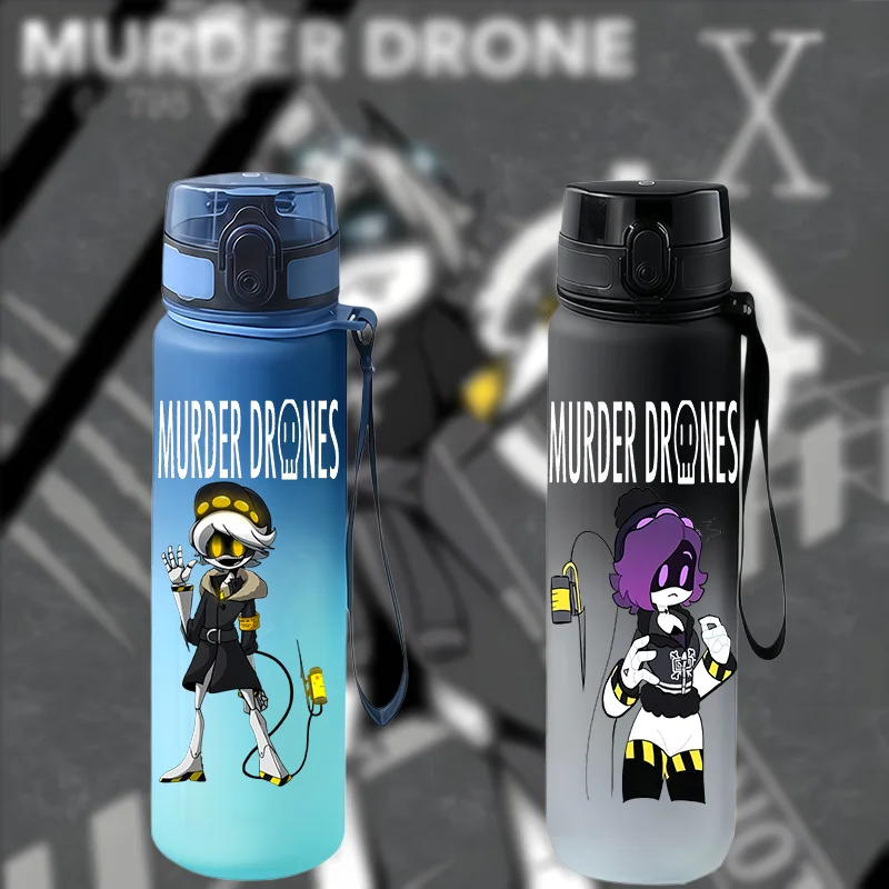 Bouteille d'eau portable à motif dessin animé Murder Drone, dégradé de couleurs, avec bouchon à clapet et cordon, cadeau pour fans d'anime