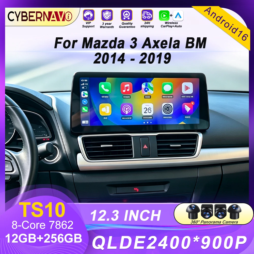 Android Auto Head Unit 12.3 Inch - 12.3インチ Android 16、マツダ3 アクセラ BM（2014年～2019年式）用、CarPlay対応、オートカーラジオ、ヘッドユニット、マルチメディアプレーヤー、GPS。
