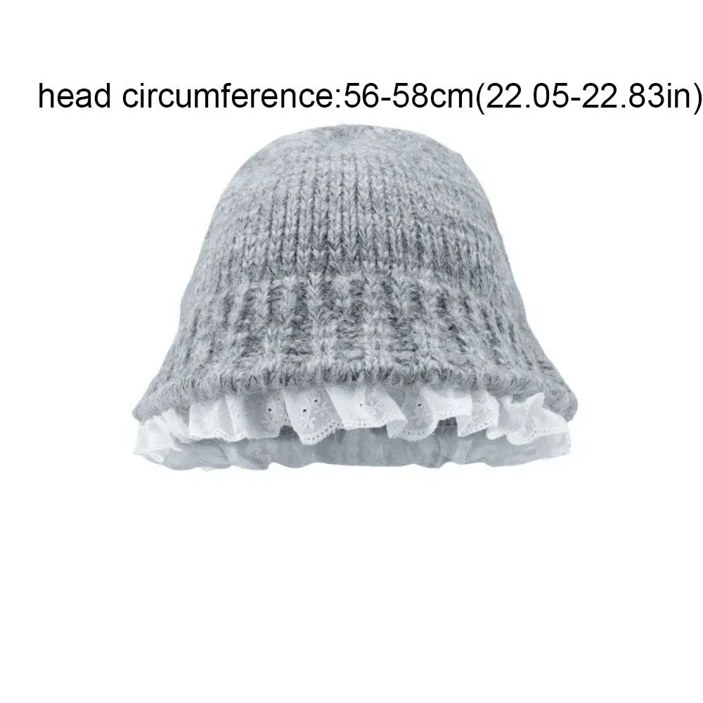 달콤한 레이스 트림 니트 어부 모자 얀 솔리드 컬러 여성 버킷햇 큰 머리둘레 한국 스타일 비니 모자 소녀용
