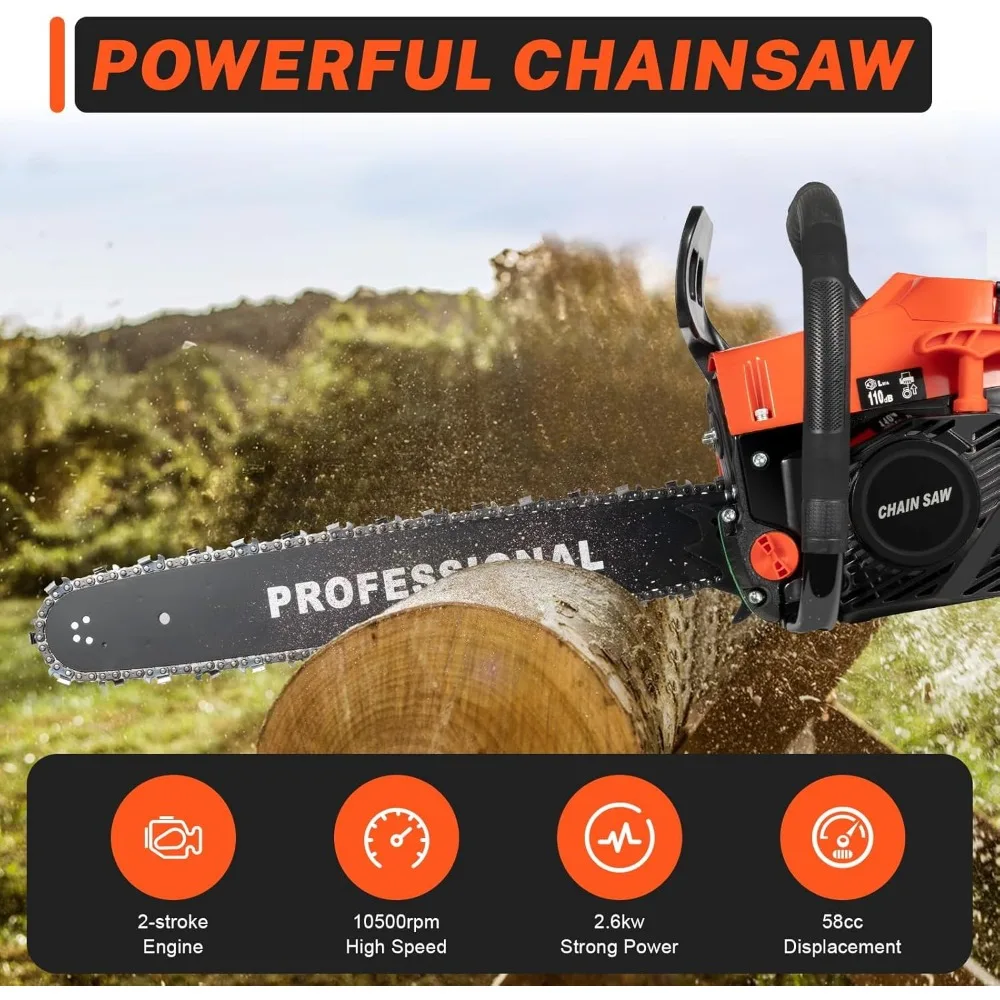 

58cc Gas Chainsaw 20 Inch 2-Stroke Gas Powered Chainsaws Air-Cooled Gas Chainsaw Handheld Gasoline Chain Saw for Wood Cutting