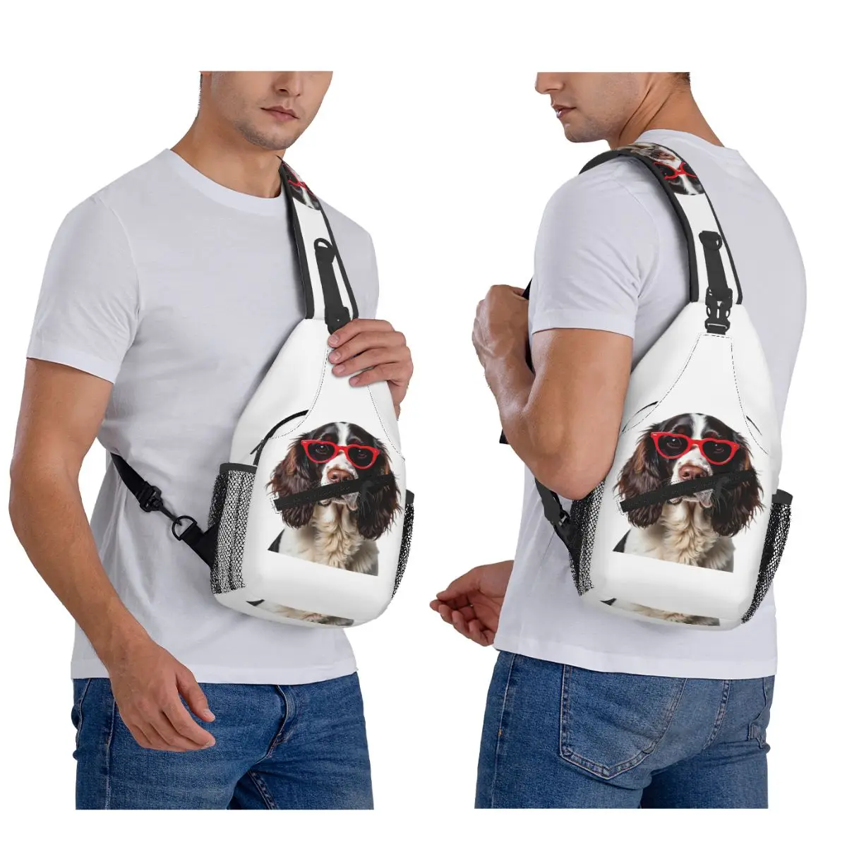 

Английский спрингер-спаниель, собака в форме сердца, солнцезащитные очки, нагрудная сумка, мужской рюкзак через плечо на слинге, походный рюкзак, сумка на плечо