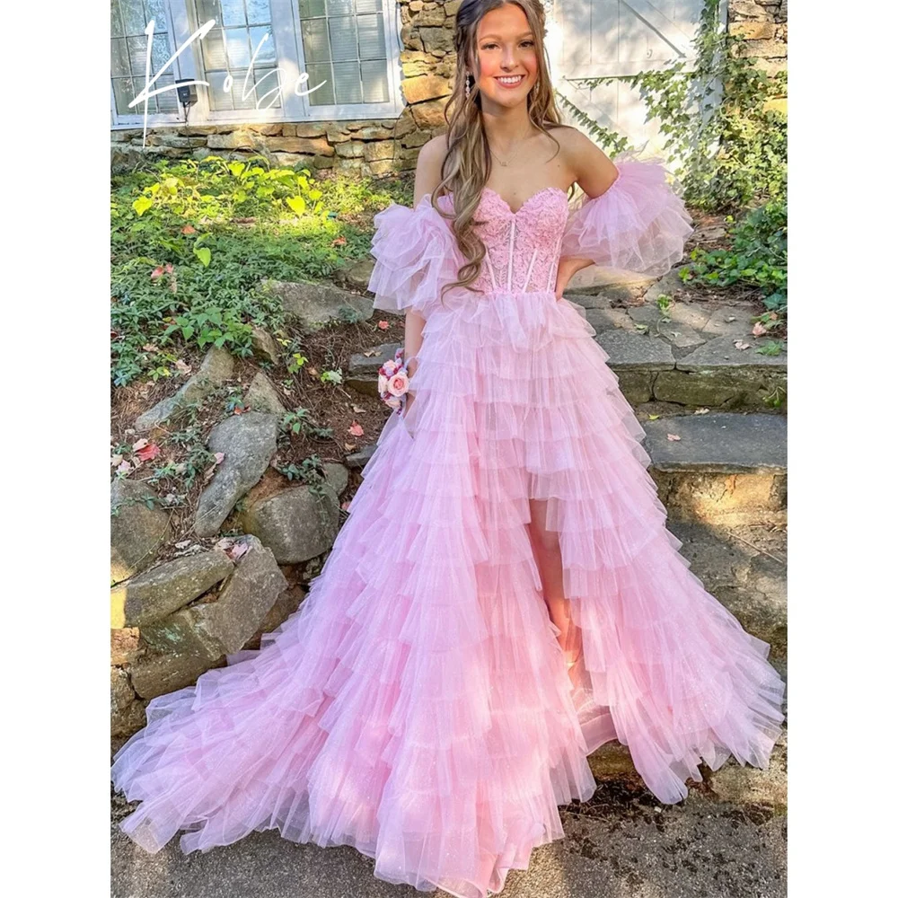 

Kobe Pink A-Line Prom Dresses 2025 Strapless Puff Sleeve Customized فساتين سهرات Court Train Chic vestido de gala noche mujer