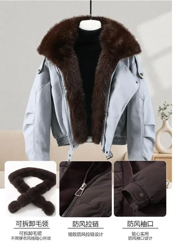 2026 High-quality Leather Jacket New Women's PU Black Leather Coat Winter Fur Collor Short Puffer Parkas Fur Outwear