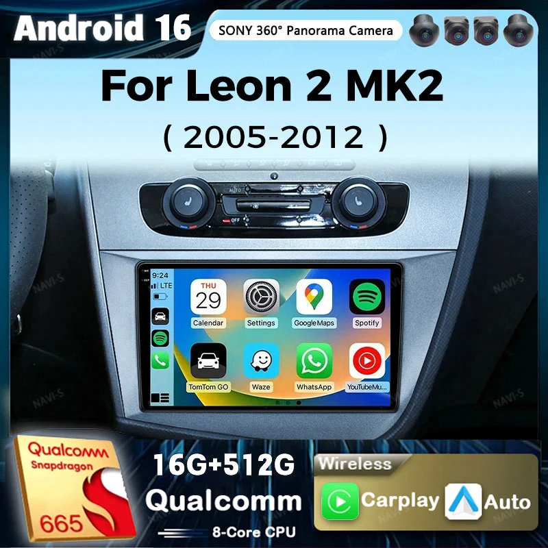 Radio para Auto con Android 16 y Qualcomm Carplay para Seat Leon 2 MK2 2005-2012, Reproductor Multimedia de Video, Navegación GPS, Unidad Principal Estéreo con Bluetooth