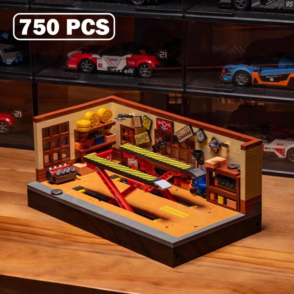 Vintage car repair shop tuning factory miniature street view assembly model building blocks toy garage kids adult gifts